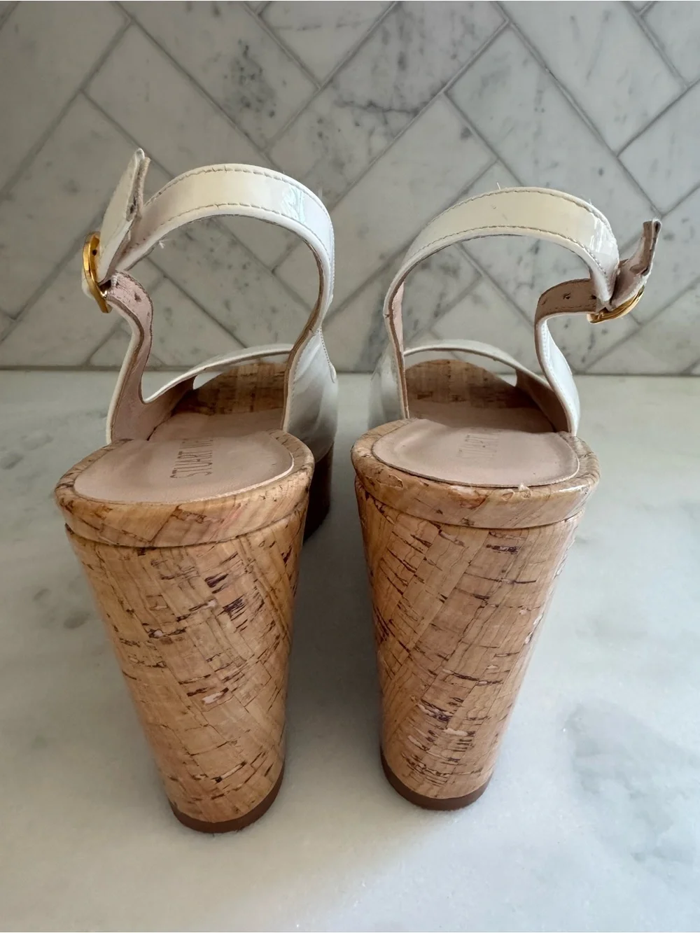 Stuart Weitzman White Patent Cork Platform Wedge Slingbacks 8.5 - Picture 12 of 15